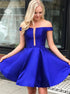 A Line Off Shoulder Short Satin Pleats Royal Blue Prom Dresses LBQH0149